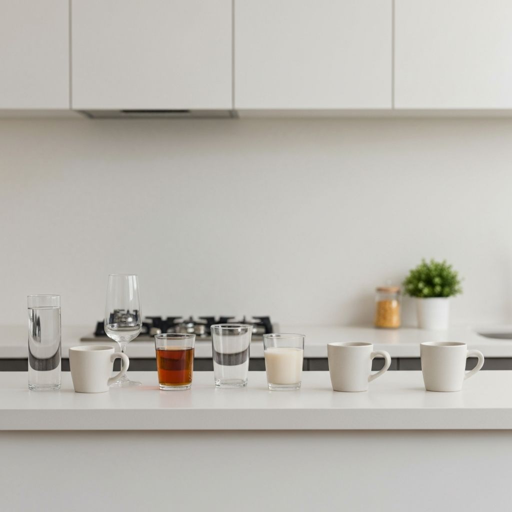 Verschiedene Getränke: Wasser, Tee, Kaffee in Gläsern