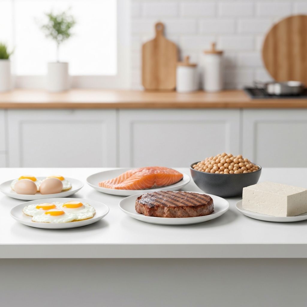 Verschiedene Proteinquellen: Eier, Fisch, Fleisch und Hülsenfrüchte
