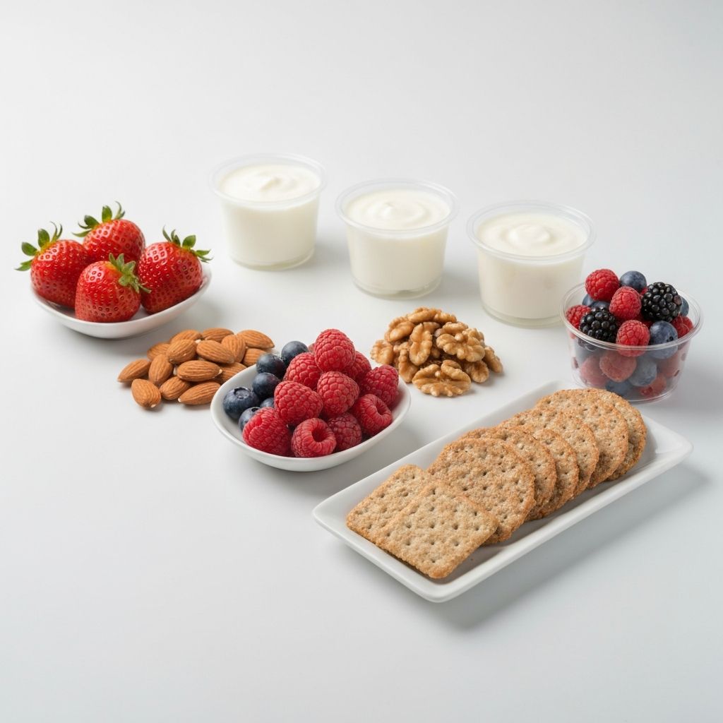 Verschiedene Snackoptionen: Nüsse, Obst, Joghurt auf einem Tisch