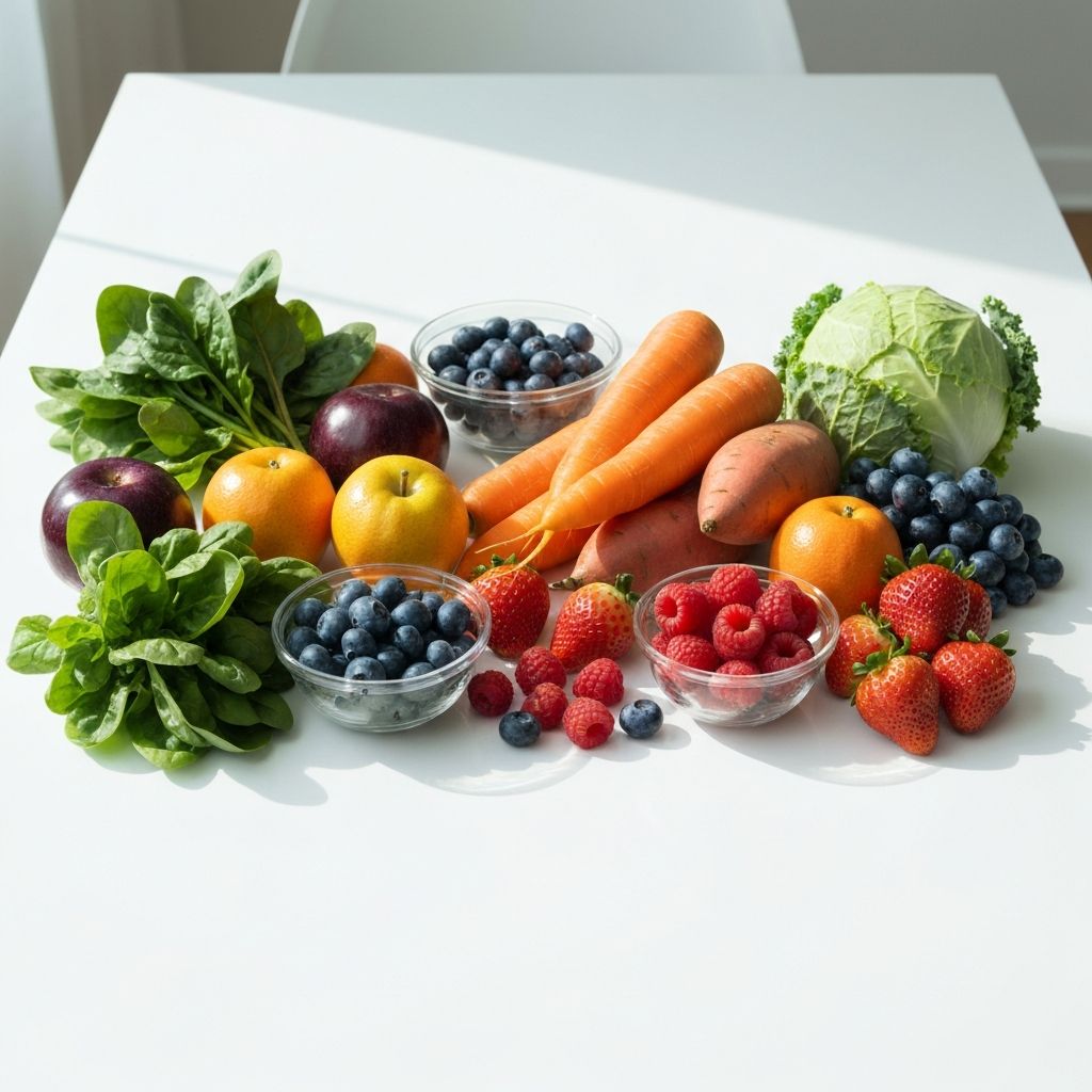 Verschiedenfarbiges Gemüse und Früchte in einer Schüssel